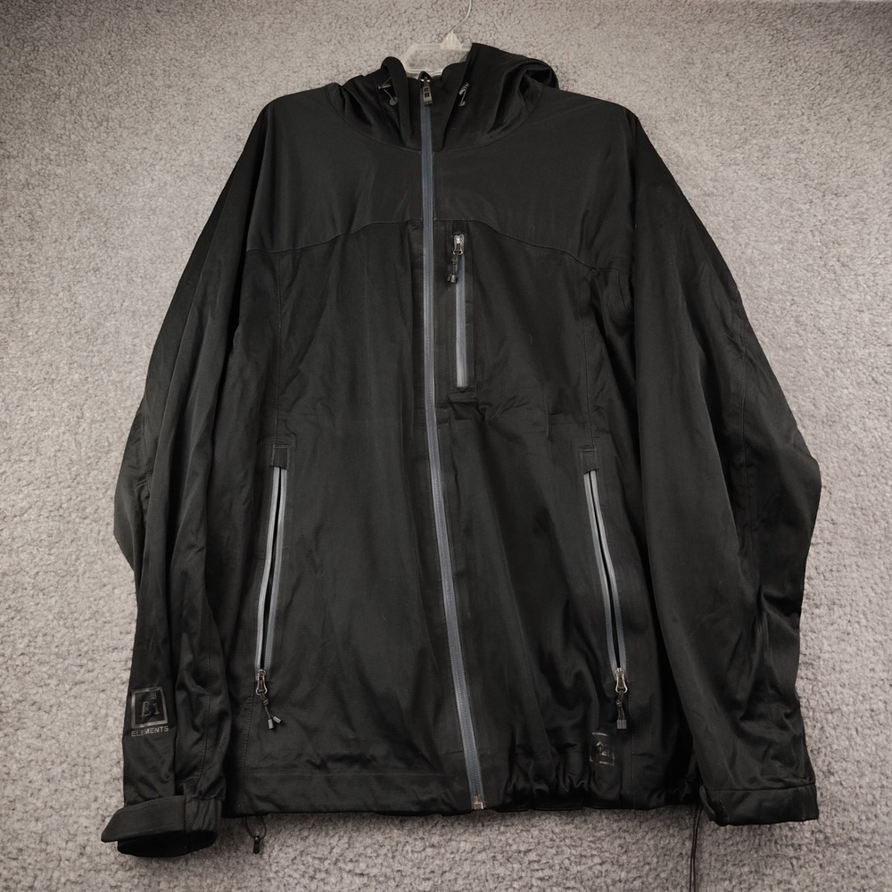 REI Elements Mens 2XL XXL Black Rain Jacket Hooded Zip Waterproof Shell